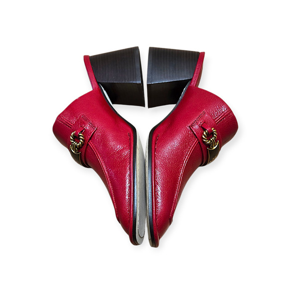 Tory Burch Red Perrine Vintage Gold Plaque Heel Fellini Milled Mule Pumps Size 7 - Picture 4 of 9